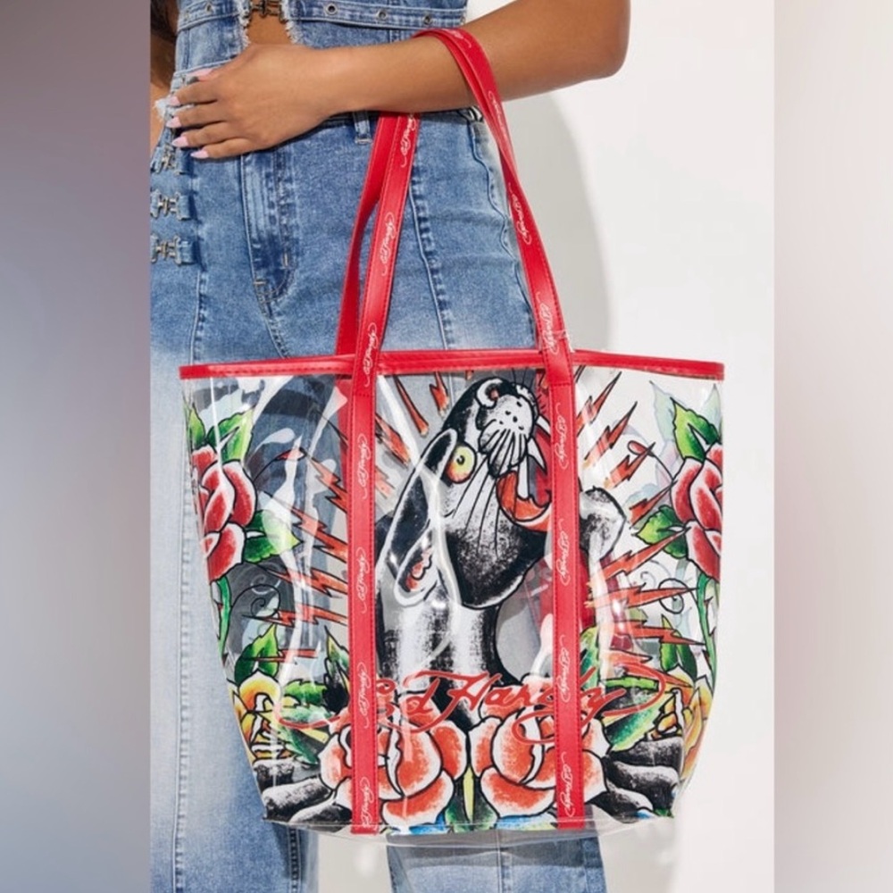 Ed Hardy Transpaent Red/black Floral Panther Tote Bag & Card Holder, LG, NWOT - Picture 2 of 3